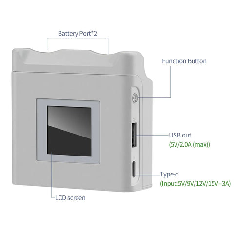 Portable Dual Bay Drone Battery Charger With Color Screen Display showing ports and controls, compact ABS design.