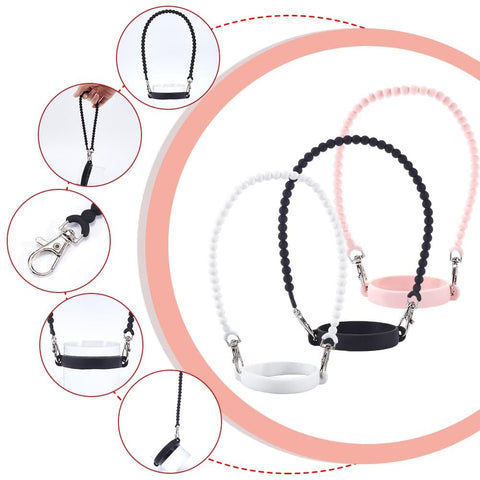 3 Pack Water Bottle Handle Straps Set in Pink White Black, Soft Silicone Sling Carriers shown in various angles