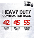 Hella Tough Heavy Duty Contractor Trash Bags 45 Gallon Pack Of 18 Black 3 Mil Thick showing size options 42, 45, and 55 gallon bags.
