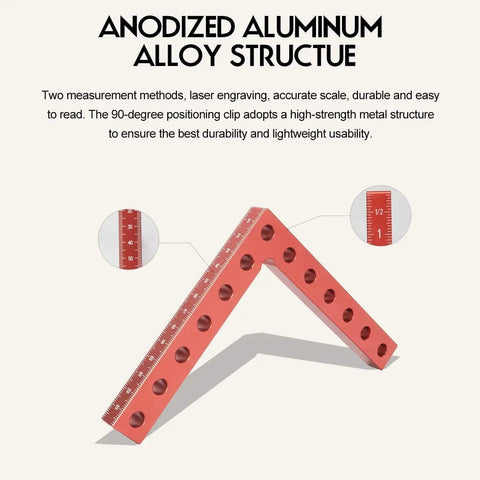 Red 5.5 x 5.5 inch anodized aluminum right-angle clamp with engraved scale, part of 90 Degree Clamp Set For Cabinets And Woodworking