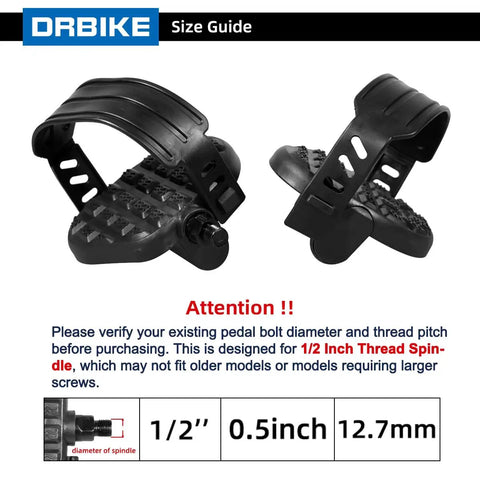 Solid One Half Inch Spindle Stationary Bike Pedals With Adjustable Strap And Toe Clip For Recumbent And Exercise Bikes, 1 Pair