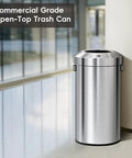 Heavy Duty 24 Gallon Round Stainless Steel Open Top Waste Bin Smooth Brushed Finish Tall Commercial Trash Can For Indoor Outdoor Spaces in a modern setting.