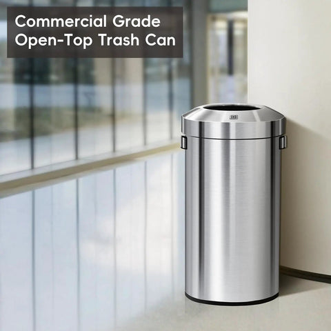Heavy Duty 24 Gallon Round Stainless Steel Open Top Waste Bin Smooth Brushed Finish Tall Commercial Trash Can For Indoor Outdoor Spaces in a modern setting.