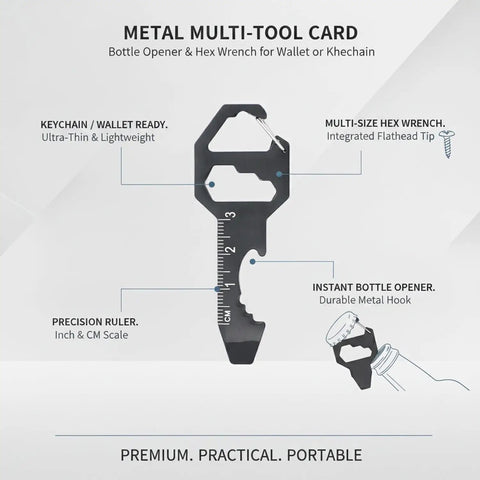 Metal Multi Tool Card with Bottle Opener and Hex Wrench, black with ruler, slim design for wallet or keychain, EDC pocket tool.