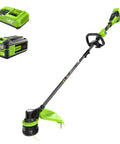 Heavy Duty 40V Cordless String Trimmer With Brushless Motor Variable Speed And 17 Inch Cutter Dual Line Bump Head Plus 5Ah Battery on display with charger.