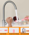 3 Pack Cup And Bottle Cleaning Brush Set With Straw And Lid Cleaners for Cups, showing long handle and soft bristles under faucet