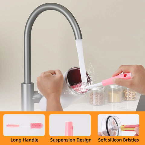 3 Pack Cup And Bottle Cleaning Brush Set With Straw And Lid Cleaners for Cups, showing long handle and soft bristles under faucet