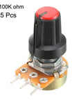 Five Pack Of 100K Ohm Variable Resistors Rotary Potentiometers With Single Turn Carbon Film Taper Design And Knobs