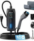 Portable Level 1 And Level 2 EV Charger with 240V 16A output, 20-foot cable, NEMA plugs, tote bag, and J1772 connector.