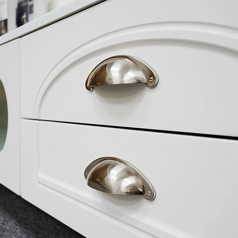 10 Pack 3 Inch Cabinet Cup Pulls In Brushed Nickel For Kitchen Cabinets And Furniture installed on white drawers