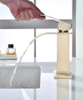 Hand activating Waterfall Bathroom Faucet In Brushed Gold With Pop Up Drain And Deck Plate For 3 Hole Install Single Hole Vanity