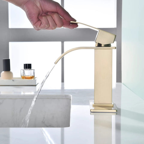 Hand activating Waterfall Bathroom Faucet In Brushed Gold With Pop Up Drain And Deck Plate For 3 Hole Install Single Hole Vanity