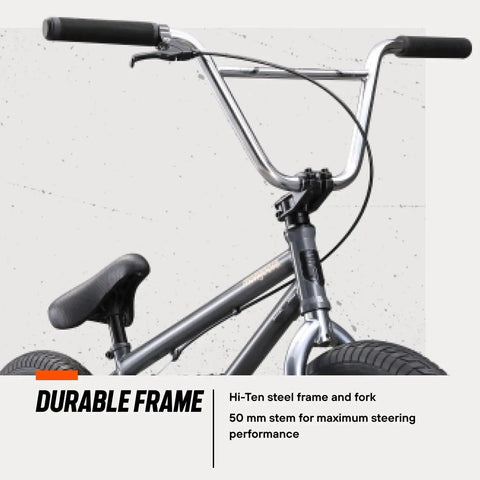 Close-up of Legion L60 Kids Freestyle BMX Bike Park And Street Ready, 20-Inch Wheels, Hi-Ten Steel Frame, handlebar, and fork