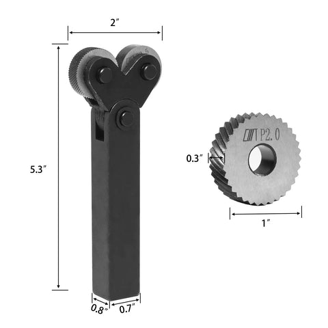 Heavy Duty Lathe Tools Set With High Hardness Metal Cutting Bits And Three Pattern Knurling Wheel Sets, tool dimensions labeled