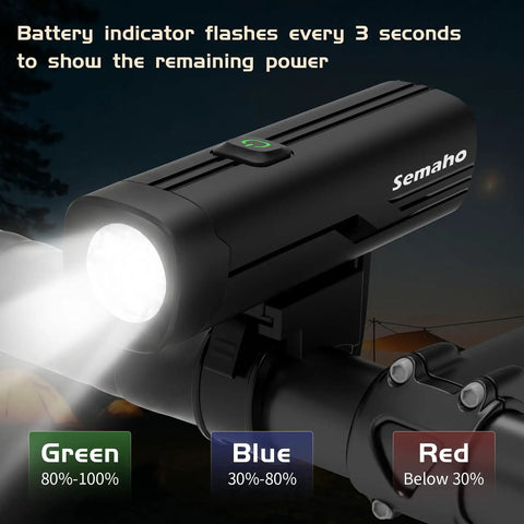 400 Lumen Rechargeable Bike Headlight For Night Riding With IP66 Waterproof Front Light mounted on handlebar, battery indicator