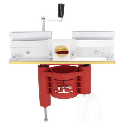 Heavy Duty Aluminum Alloy Router Table Insert Plate With Precision Lift Base And Hand Crank Dial For Dead On Woodworking Cuts Built Tough Flip Top Setup For Power Tools from the front view.
