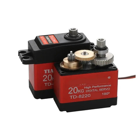 Four Pack Td8220 Digital Servo With Beefy Metal Gearing And Rock Solid Twenty Kilogram Torque For Seamless Steering Control Along With Flawless One Eighty Degree Sweep In Any Rcv Build Project, showcasing gears and casing.