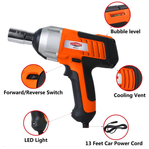 12V Corded Impact Wrench Kit With Half Inch Drive Sockets Carry Case LED Light Bubble Level Long Power Cord 400 Nm Torque