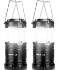 2 black LED Lanterns Battery Powered For Camping And Outdoors, Collapsible and Lightweight design, shown upright with handles