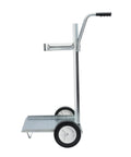 Side view of a metal two-wheel cart with a handle, used for transporting items in warehouses or industrial settings.