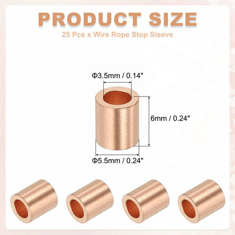 One Eighth Inch Copper Wire Rope Stop Sleeve Gold Round Crimp Ferrules For Wire Rope And Cable 25 Pcs Must Have Waterproof Rustproof Corrosion Resistant Heavy Duty Crafting And Rigging Essentials, 3.5mm inner, 5.5mm outer, 6mm high