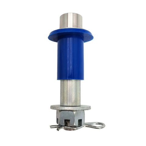 Blue and silver pivot bolt from Engine Hood Hinge Pivot Bolt Kit and Bushing Kit for Peterbilt 378 379 short and extended hoods.
