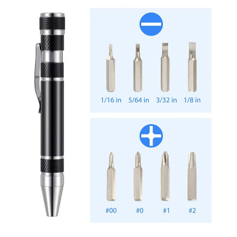 Pen Shaped 8 In 1 Magnetic Pocket Screwdriver Set with precision mini bits in various sizes for dads and gadget lovers.