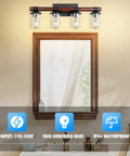 4 Light Farmhouse Vanity Light Fixture With Antique Wood Style Pole And Clear Glass Shades Over Mirror