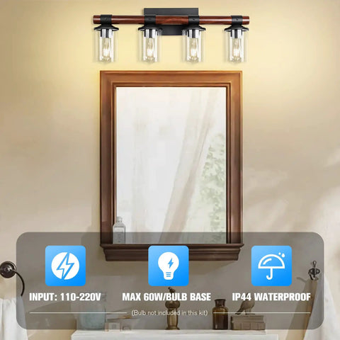 4 Light Farmhouse Vanity Light Fixture With Antique Wood Style Pole And Clear Glass Shades Over Mirror