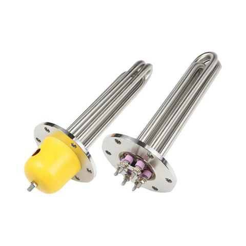 Workhouse 380V Electric Immersion Heating Rod Stainless Steel Water Heater Element with yellow end cap and circular flanges.