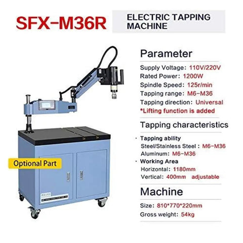 SFX-M36R Electric Tapping Machine with flexible arm and control panel for M6 to M36, powered by a 1200W motor.