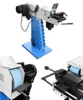 Pro Grade Heavy Duty Industrial Tube And Profile End Belt Grinder 4 X 78 Inch metal sander with blue base and motor.