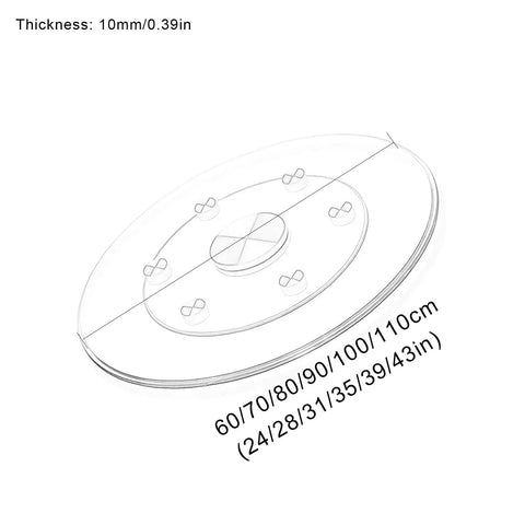Diagram of Tempered Glass Lazy Susan Turntable with dimensions marked, showing 10mm thickness and size options for dining use
