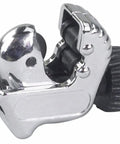 Mini Heavy Duty Tubing Cutter For One Eighth To Five Eighths Inch Outside Diameter Tubing, Cuts Copper, Brass, Aluminum And Steel Brake Lines In Tight Spots, Ream Folds Into Cutter Body For Storage, Extra Cutting Wheel Under Ream, chrome mini tubing cutter with black knob