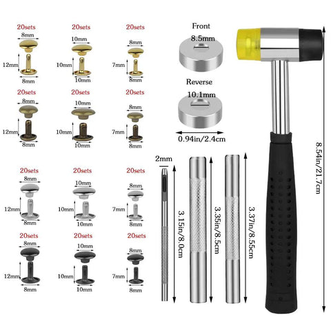 DIY Leather Rivet Kit 240 Sets Tubular Double Cap Rivets In Gold Silver Brown Black 3 Sizes 4 Colors with hammer and bases