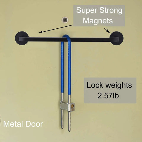Magnetic Towel Bar for Fridge and Kitchen, Heavy Duty Towel Holder With 2 Super Strong Magnets shown holding weights on metal door