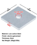 Angled front view of 6 square plate washers, 3 x 3 in, 1/4 in thick, 5/8 in bore, electro-galvanized low-carbon steel