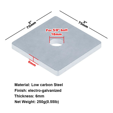 Angled front view of 6 square plate washers, 3 x 3 in, 1/4 in thick, 5/8 in bore, electro-galvanized low-carbon steel