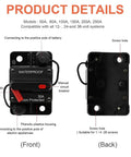 Beefy 50 Amp Marine Circuit Breaker With Manual Reset For Trolling Motors Boats And ATVs Waterproof 12V To 48VDC Power Protector Fuse Ignition Protected SAE J1625 J1171 UL1500 front and back view
