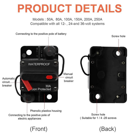 Beefy 50 Amp Marine Circuit Breaker With Manual Reset For Trolling Motors Boats And ATVs Waterproof 12V To 48VDC Power Protector Fuse Ignition Protected SAE J1625 J1171 UL1500 front and back view