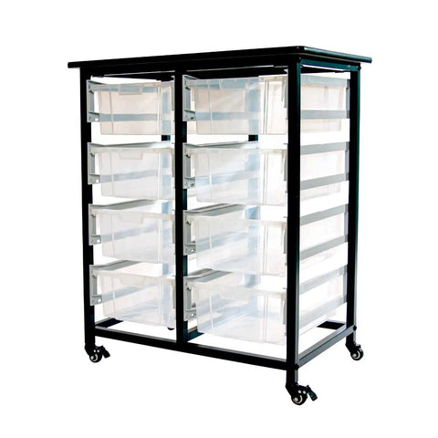 Hassle Free Heavy Duty Mobile Bin Storage Cart With Double Row Steel Rack And Eight Deep Clear Plastic Tub Bins, Slick Rolling Casters And Secure Anti Pull Handles To Keep Your Workshop Sorted