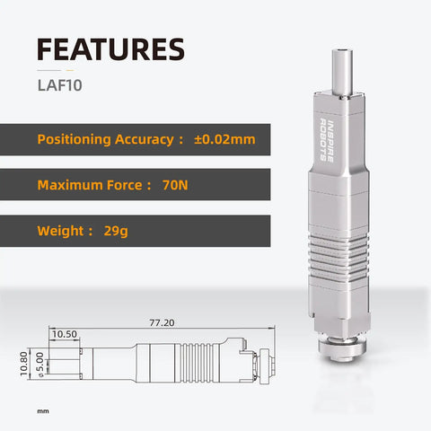 Front view of Micro Linear Servo Actuator With Force Control Sensor, featuring dimensions and 70N max force specification
