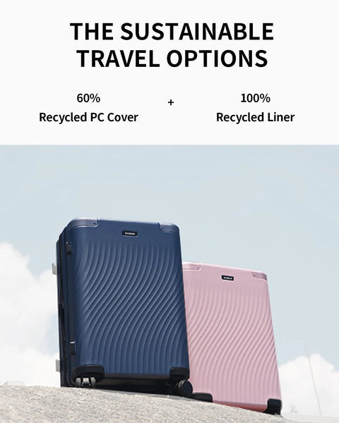Blue and pink recycled polycarbonate carry-on luggage by ECOHUB with sustainable design.