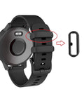 Six Pack Fastener Rings Replacement Kit For Garmin Watches Including Vivoactive 3 5 6 Forerunner 245 645 Venu Sq Vivomove Fenix 5S 6S Silicone Band Keeper Clips featuring black silicone replacement ring and watch band on display.