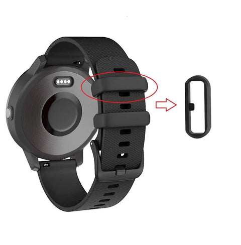 Six Pack Fastener Rings Replacement Kit For Garmin Watches Including Vivoactive 3 5 6 Forerunner 245 645 Venu Sq Vivomove Fenix 5S 6S Silicone Band Keeper Clips featuring black silicone replacement ring and watch band on display.