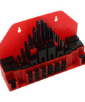 Heavy Duty 58-Piece T-Slot Clamp Kit With 1/2 And 3-8 Studs, organized in a red holder, ideal for CNC machining and shop projects.