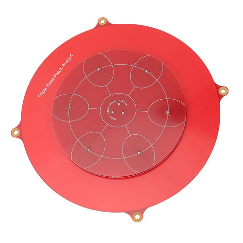 5.8GHz Triple Feed Patch Antenna for Drones and UAVs, Circular Polarized Flat Panel Array, red round design, top view.