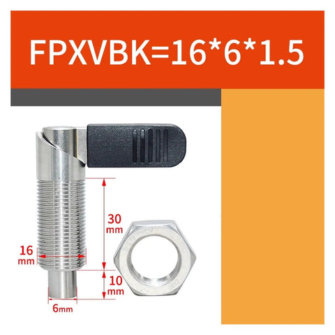 L Shape Indexing Plunger Pin With Spring Loaded Quick Release Knob next to threaded nut, showing dimensions for machine setup.