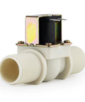 Water Flow Control Kit With LCD Display, G1 Solenoid Valve, side view, white plastic, metallic connector, part of universal flow meter system
