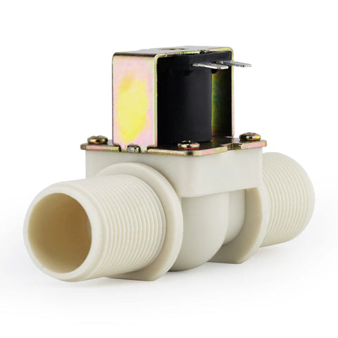 Water Flow Control Kit With LCD Display, G1 Solenoid Valve, side view, white plastic, metallic connector, part of universal flow meter system